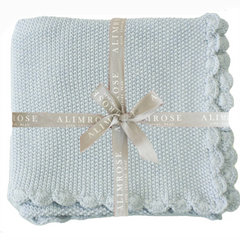 Mini Moss Stitch Powder Blue Cotton Baby Blanket & Matching Pom Pom Socks Bundle