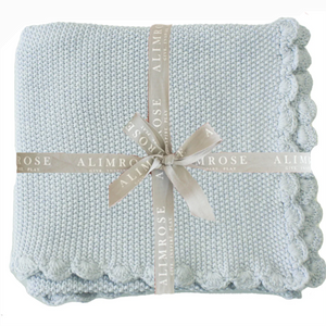 Mini Moss Stitch Powder Blue Cotton Baby Blanket & Matching Pom Pom Socks Bundle
