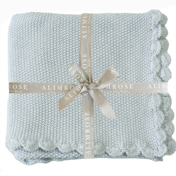 Mini Moss Stitch Powder Blue Cotton Baby Blanket & Matching Pom Pom Socks Bundle