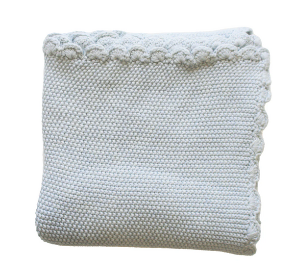 Mini Moss Stitch Powder Blue Cotton Baby Blanket & Matching Pom Pom Socks Bundle
