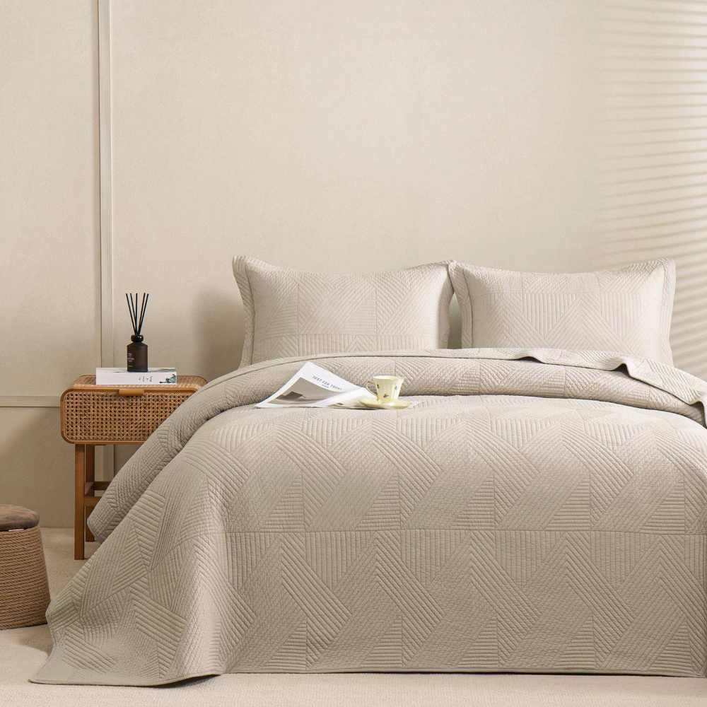 Sandstone Beige Classic Quilts Geometric Quilted Coverlet Bedcover Set PRE-ORDER