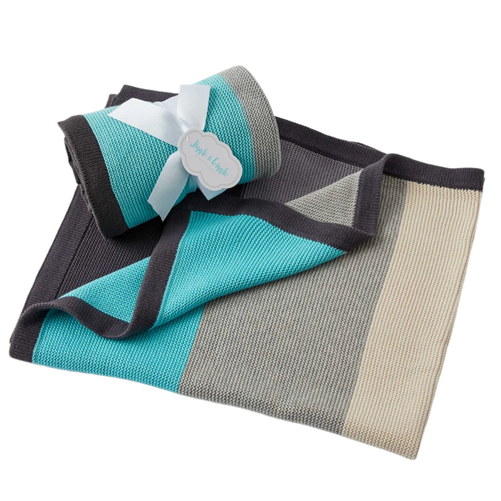 Wide Stripe Aqua Grey Cotton Knit Baby Blanket