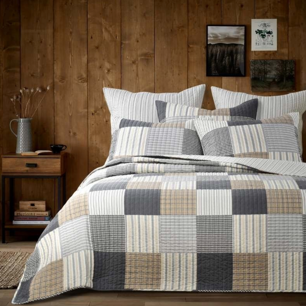 Coastal Country Vintage Check Patchwork Coverlet Bedcover Set