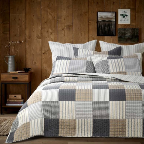 Coastal Country Vintage Check Patchwork Coverlet Bedcover Set Available in 4 Sizes