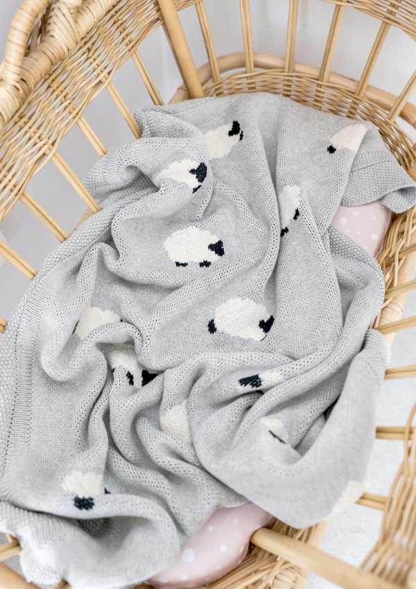 Baa Baa Grey Lamb Alimrose Cotton Knit Baby Blanket