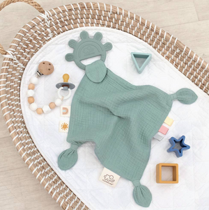 Silicone Muslin Comfort Teether - Rose Pink, Sage Green, Steel Blue