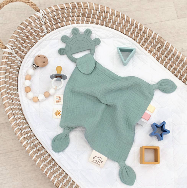 Silicone Muslin Comfort Teether - Rose Pink, Sage Green, Steel Blue