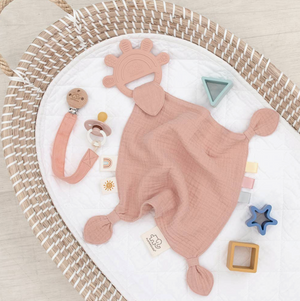 Silicone Muslin Comfort Teether - Rose Pink, Sage Green, Steel Blue