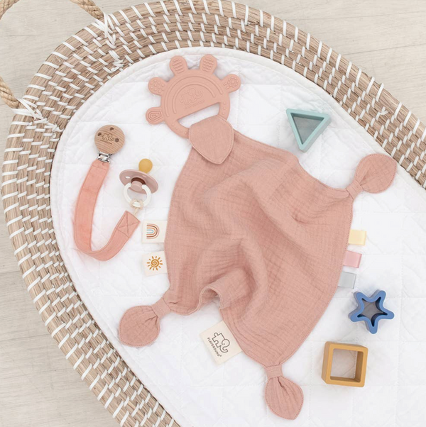 Silicone Muslin Comfort Teether - Rose Pink, Sage Green, Steel Blue