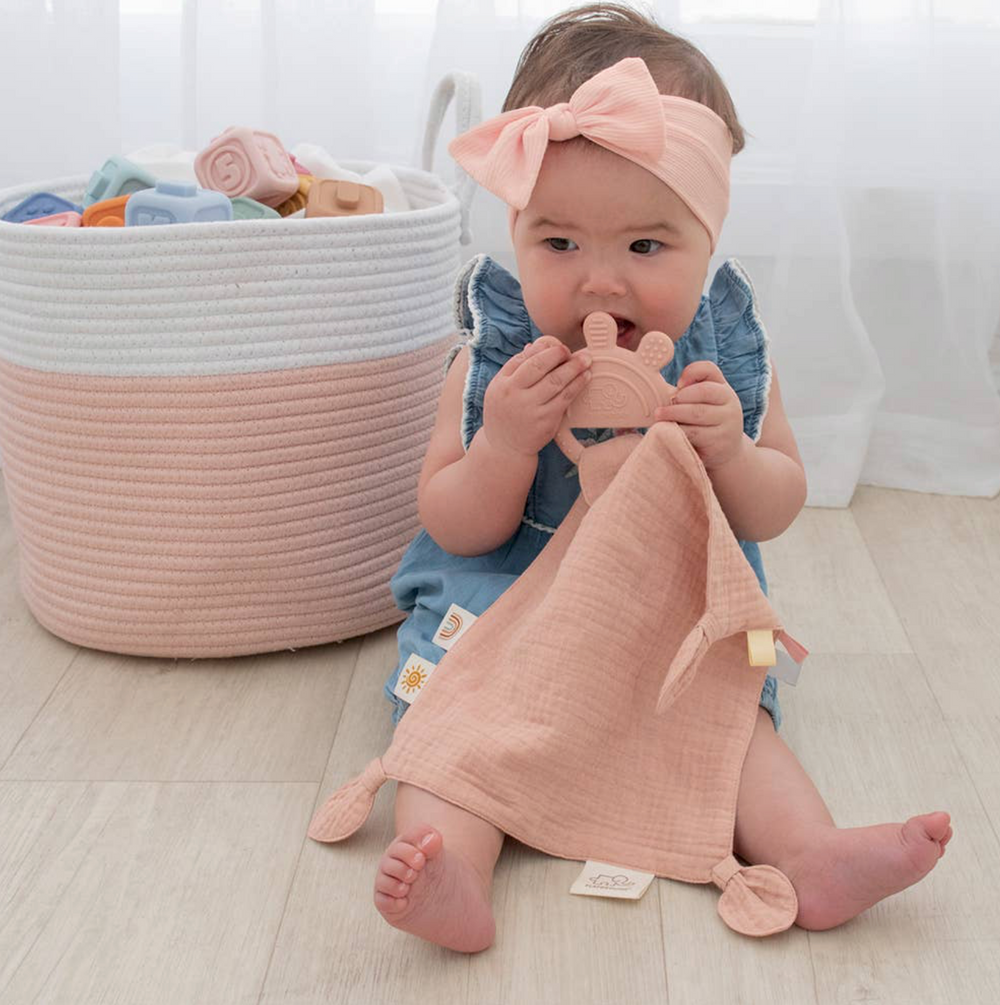 Silicone Muslin Comfort Teether - Rose Pink, Sage Green, Steel Blue