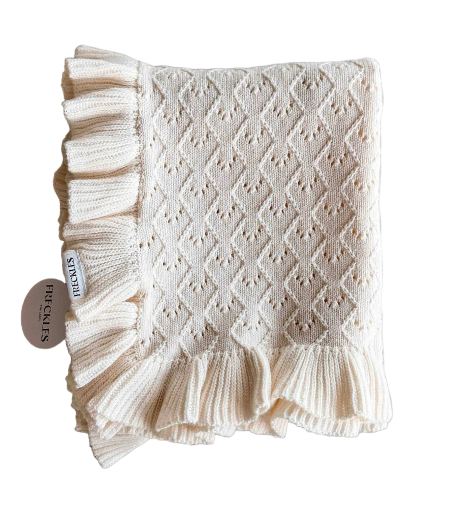 Mila Pointelle Cotton Knit Frill Baby Blanket | Snow