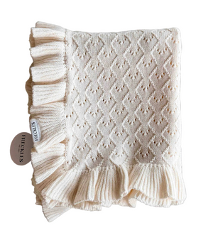Mila Pointelle Cotton Knit Frill Baby Blanket | Snow