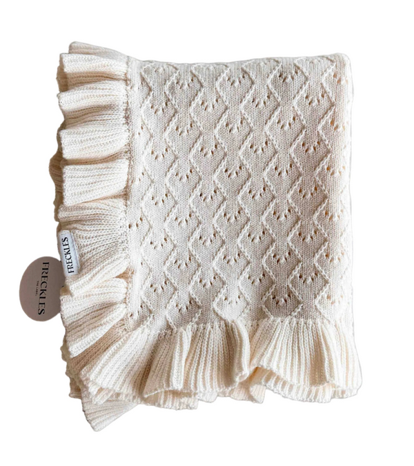 Mila Pointelle Cotton Knit Frill Baby Blanket | Snow