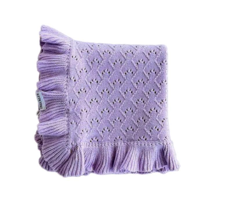 Mila Pointelle Frill Cotton Knit Baby Blanket Blanket | Aster Mauve