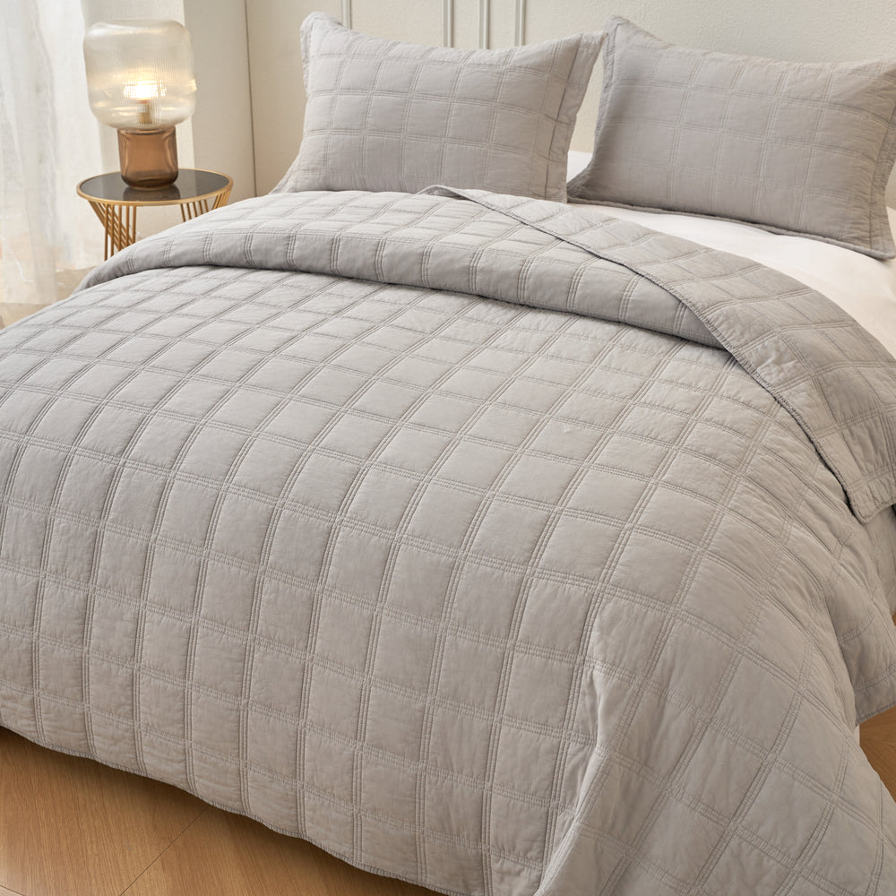Smokey Grey Cotton Quilted Coverlet Bedcover Set Available in 4 Sizes