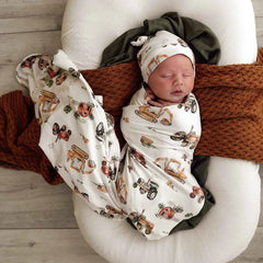 Snuggle Hunny Diggers & Tractors Newborn Organic Wrap & Beanie Baby Gift Set