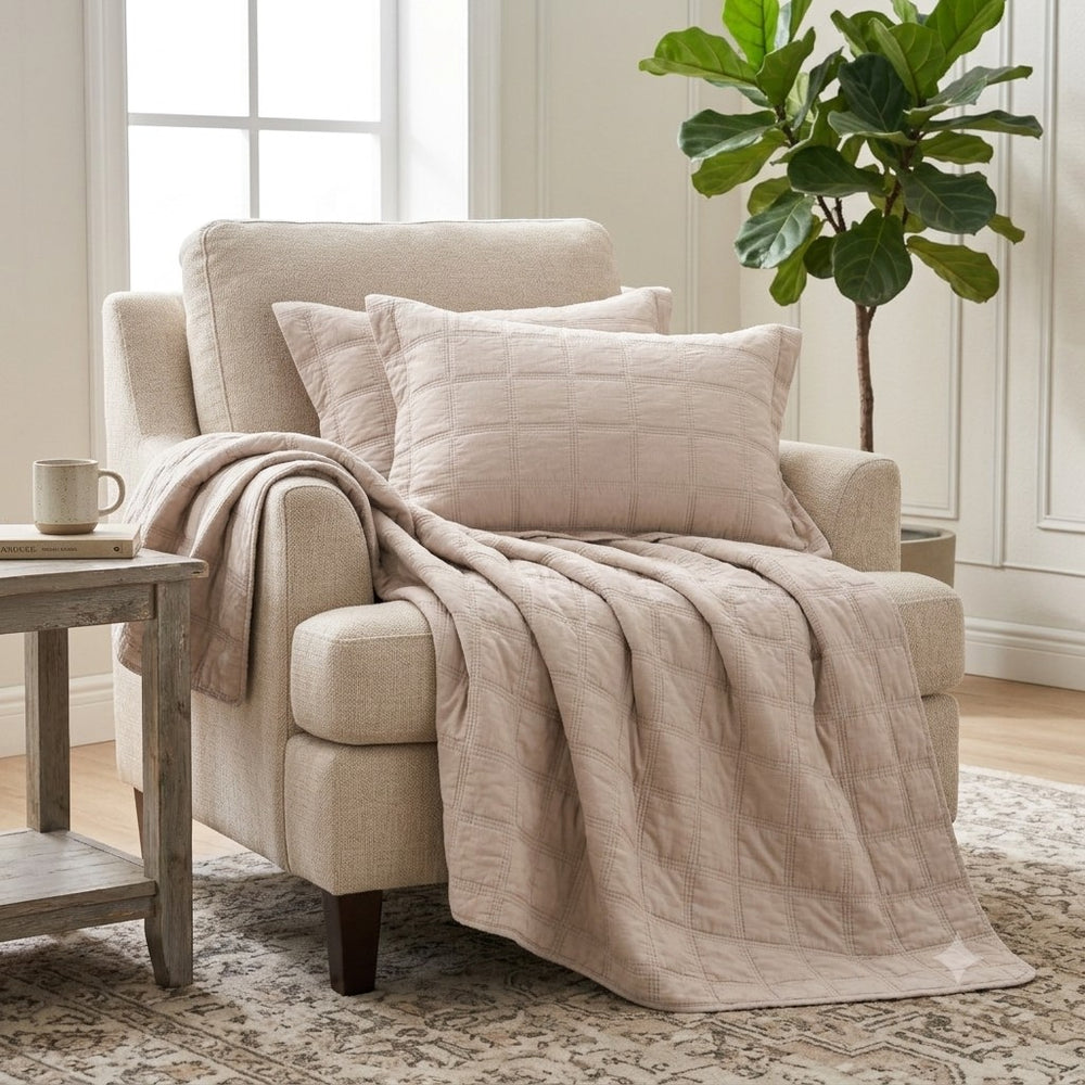 Classic Quilts Cotton Quilted Squares Throw Rug- Taupe / Sand