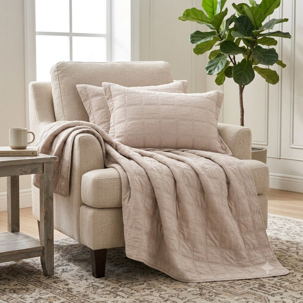 Classic Quilts Cotton Quilted Squares Throw Rug- Taupe / Sand