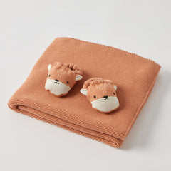 2 pce Jasper Fox Cotton Knit Booties & Blanket Gift Set