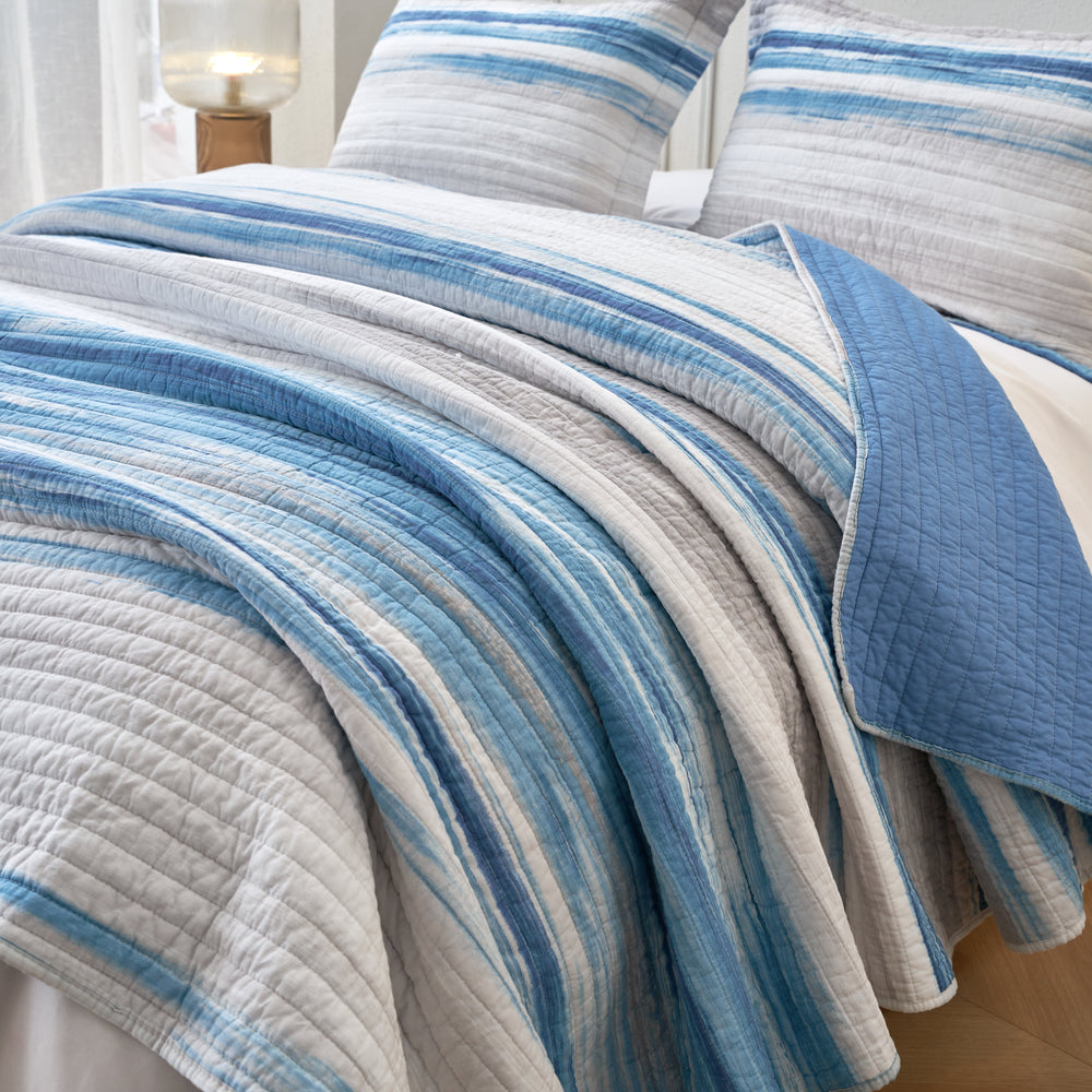 Windsor Blue Multi Stripe Cotton Quilted Coverlet Bedcover Set Available in 4 Sizes