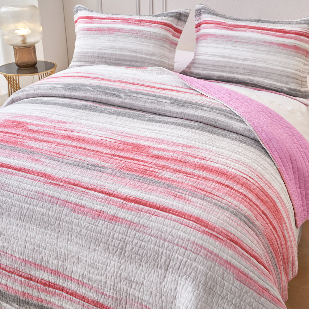 Windsor Chelsea Pink Multi Stripe Cotton Quilted Coverlet Bedcover Set Available in 4 Sizes