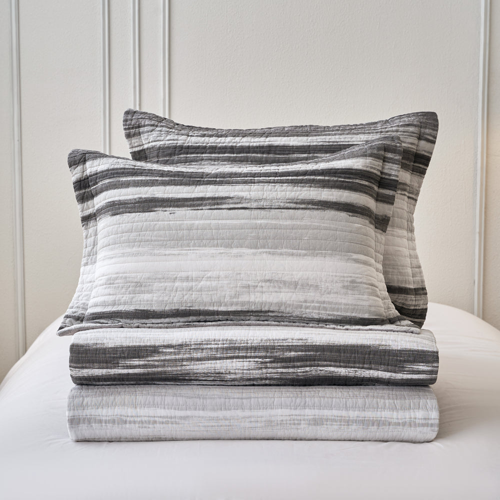 Windsor Grey Multi Stripe Cotton Quilted Coverlet Bedcover Set Available in 4 Sizes