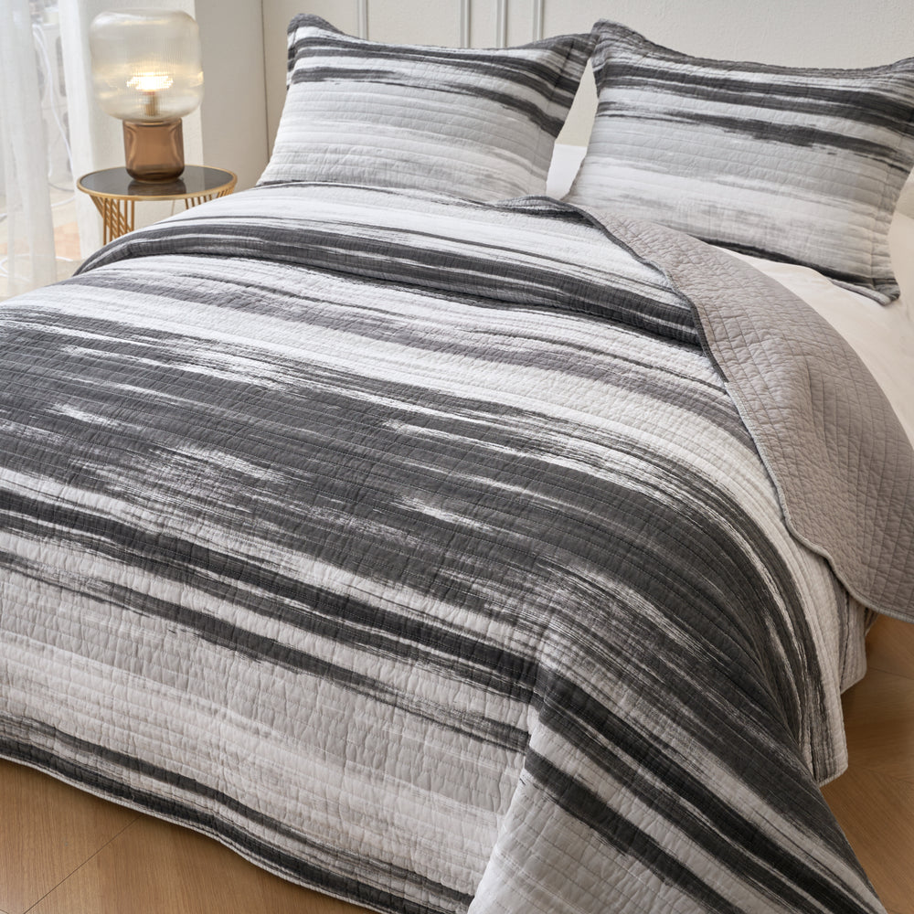 Windsor Grey Multi Stripe Cotton Quilted Coverlet Bedcover Set Available in 4 Sizes