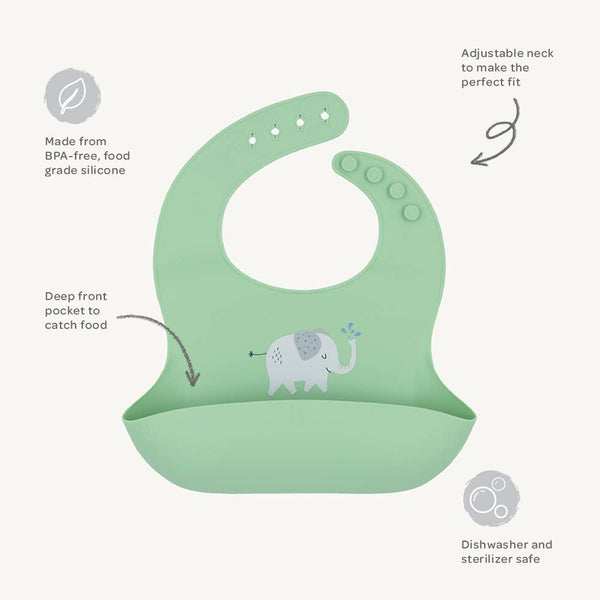 Silicone Baby Bib - Elephant/Sage