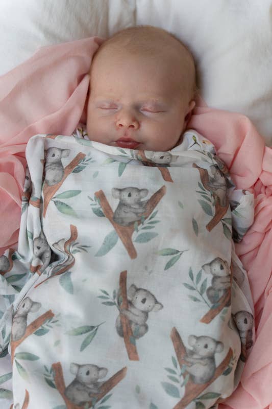 Koala Muslin Wrap & Grey / White Pram Clips Set