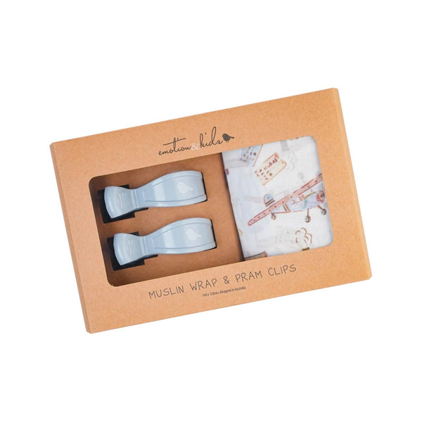 Vintage Transport Muslin Baby Wrap & Pram Clip Set