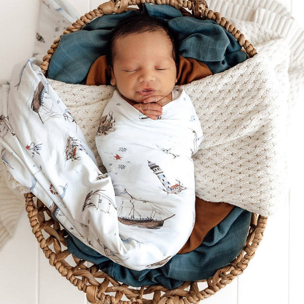 Set Sail Organic Cotton Jersey Baby Wrap & Beanie Gift Set Snuggle Hunny