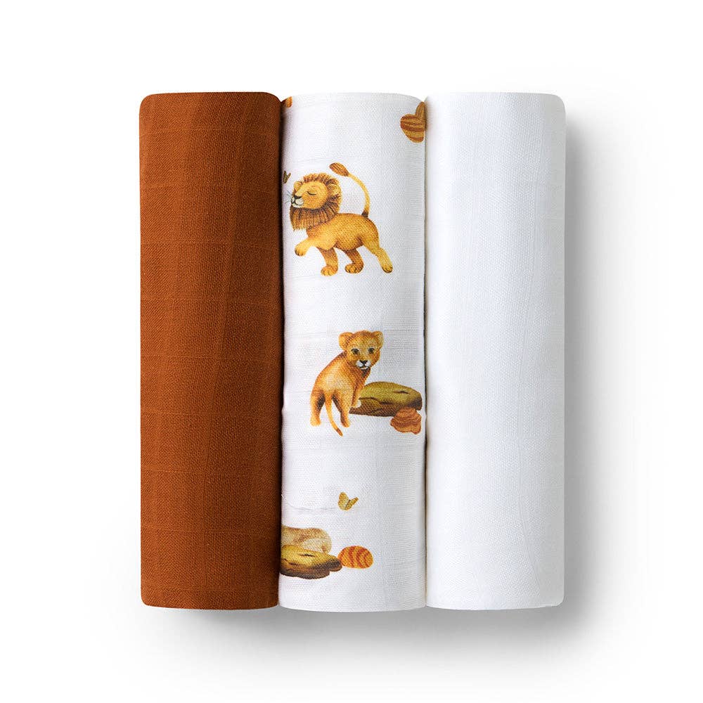 Snuggle Hunny Large Organic Cotton Newborn Baby Muslin Wraps 3 Pack - Lion/Bronze/Milk