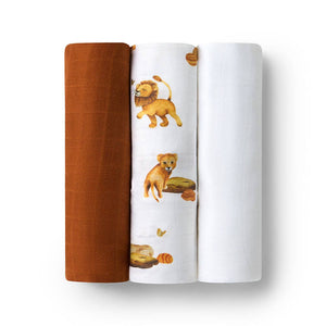 Snuggle Hunny Large Organic Cotton Newborn Baby Muslin Wraps 3 Pack - Lion/Bronze/Milk
