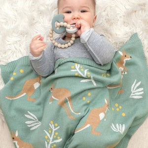 Australiana Cotton Knit Baby Blanket - Kangaroo / Green
