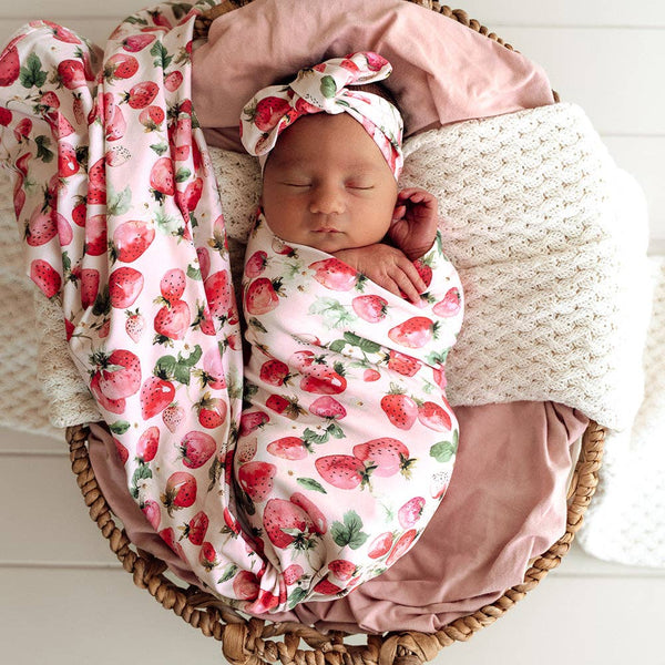 Snuggle Hunny Strawberry Organic Jersey Baby Wrap & Topknot Set