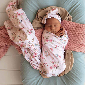 Alice’s Tea Party Organic Jersey Baby Wrap & Topknot Set Snuggle Hunny
