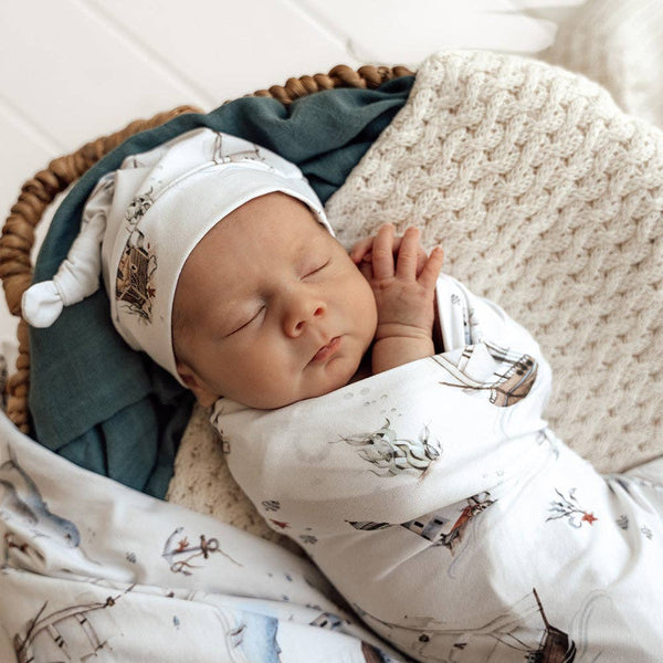 Set Sail Organic Cotton Jersey Baby Wrap & Beanie Gift Set Snuggle Hunny