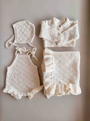 Mila Pointelle Cotton Knit Frill Baby Blanket | Snow