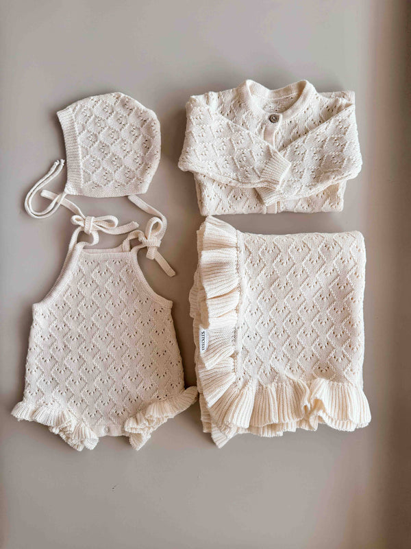 Mila Pointelle Cotton Knit Frill Baby Blanket | Snow