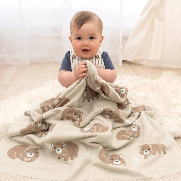 Australiana Cotton Knit Baby Blanket - Wombat / Natural Pram Crib Blanket