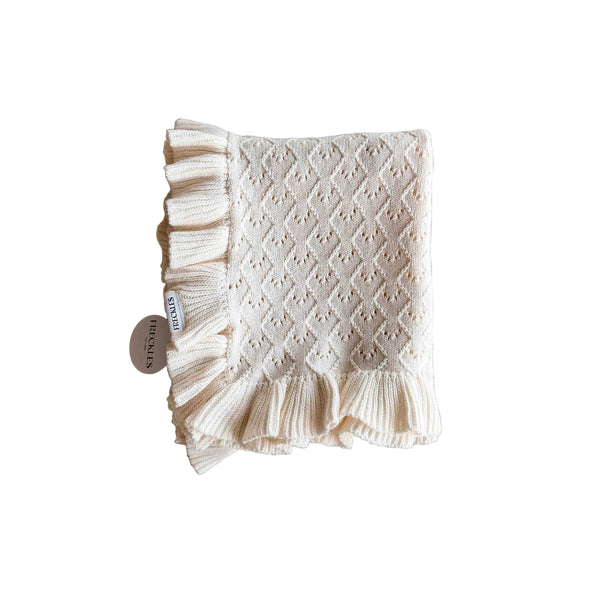 Mila Pointelle Cotton Knit Frill Baby Blanket | Snow