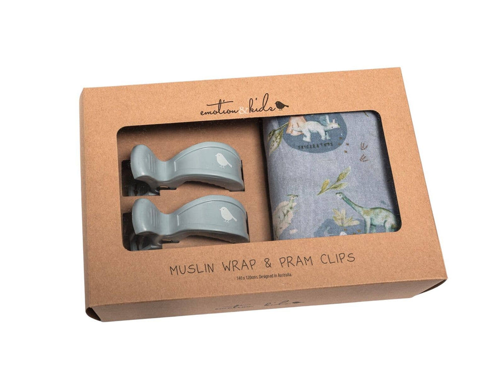 Dinosaurs of World Muslin Wrap & Navy Blue Pram Clip Baby Gift Set