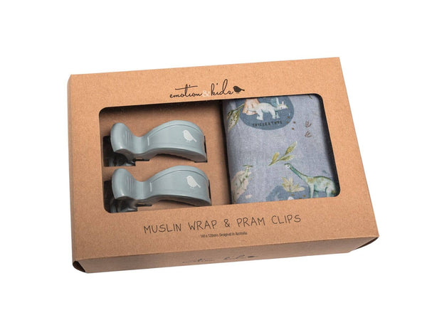 Dinosaurs of World Muslin Wrap & Navy Blue Pram Clip Baby Gift Set