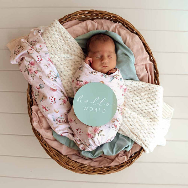 Alice’s Tea Party Organic Jersey Baby Wrap & Topknot Set Snuggle Hunny