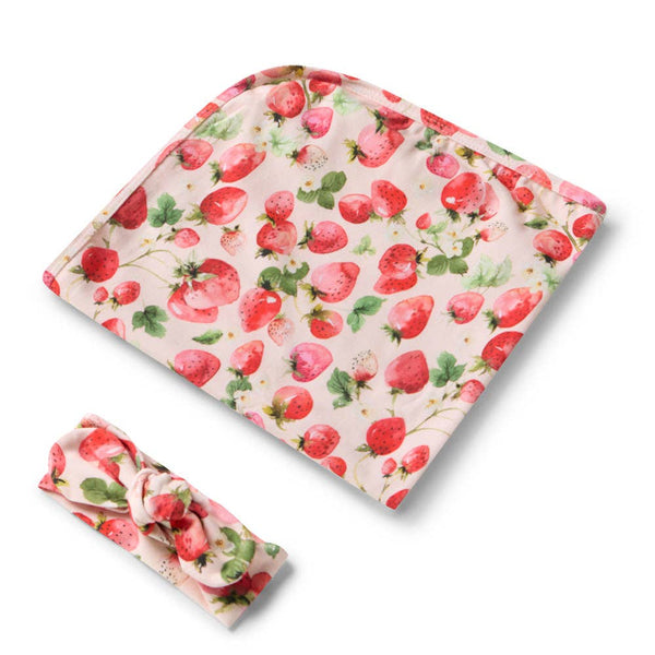Snuggle Hunny Strawberry Organic Jersey Baby Wrap & Topknot Set