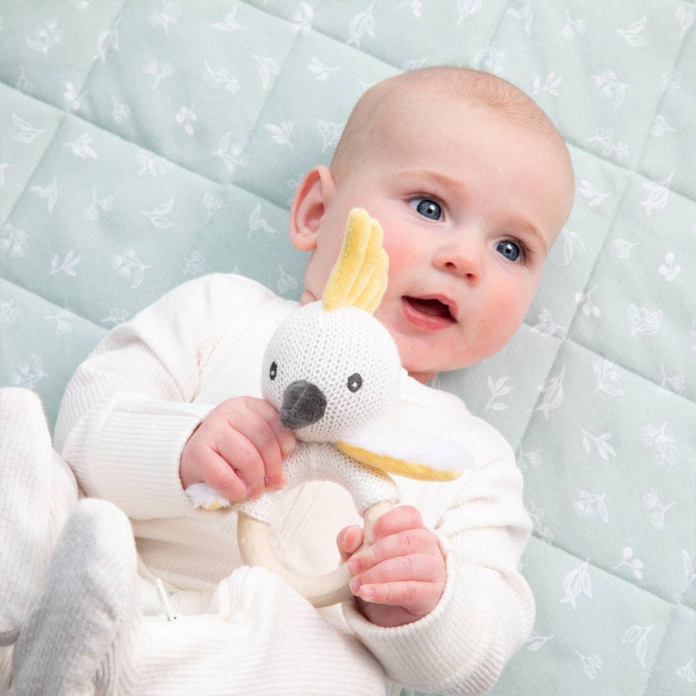 Baby Ring Rattle - Cotton Knit Cockatoo
