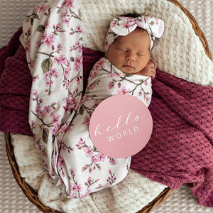 Snuggle Hunny Cherry Blossom Organic Jersey Newborn Baby Wrap & Topknot Gift Set