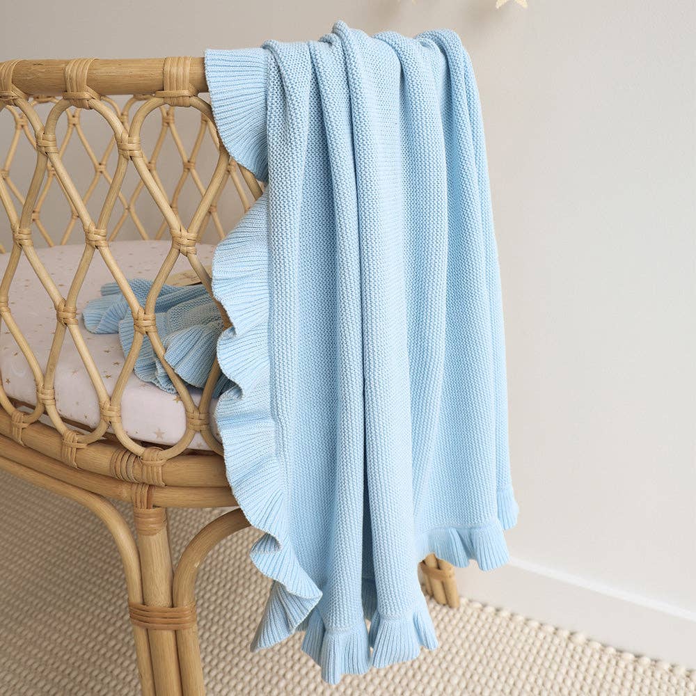 Baby Blue Ruffle Knit Organic Baby Blanket Snuggle Hunny