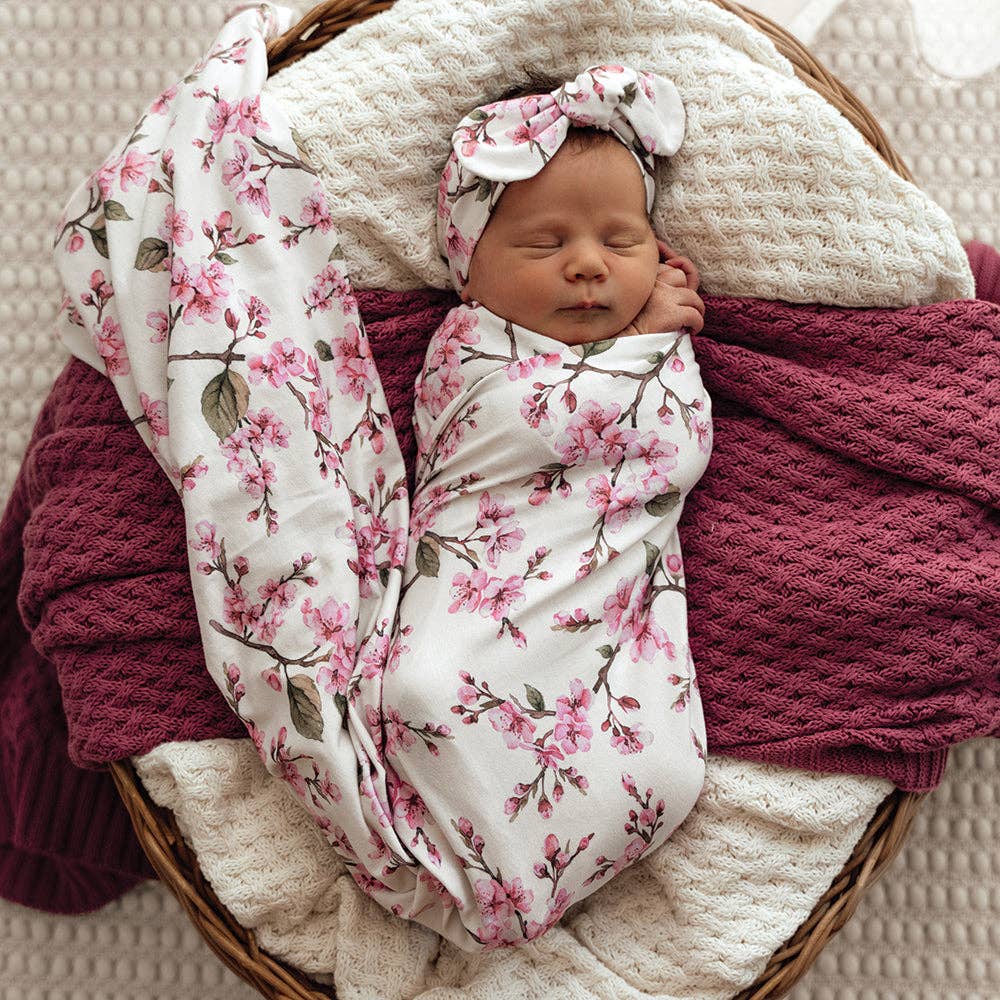 Snuggle Hunny Cherry Blossom Organic Jersey Newborn Baby Wrap & Topknot Gift Set