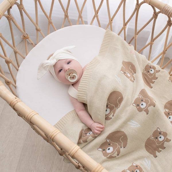 Australiana Cotton Knit Baby Blanket - Wombat / Natural Pram Crib Blanket